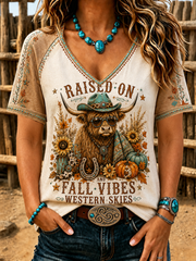 Women's Western-style autumn printed V-neck off-shoulder short-sleeved T-shirt