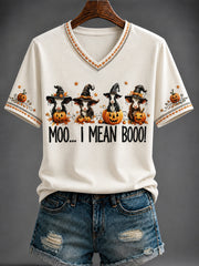 Women's Halloween Western “MOOO... I MEAN BOO!” Printed V-neck T-shirt