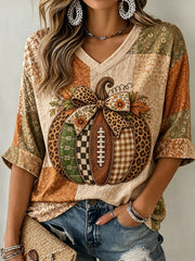 Women's Fall Football Pumpkin Patchwork Print Mid-length Sleeves V-Neck T-Shirt