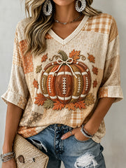 Women's Fall Football Pumpkin Patchwork Print Mid-length Sleeves V-Neck T-Shirt