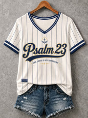 Women's Christian Psalm 23 Striped V-Neck Short Sleeve T-shirt
