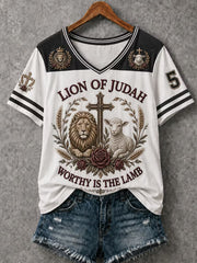 Women's Christian Lion of Judah & Lamb "Worthy Is The Lamb" V-Neck Short Sleeve T-shirt