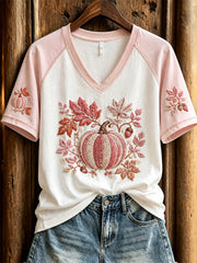 Women's autumn pumpkin and floral pattern printed casual short-sleeved T-shirt