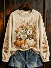 Women's autumn pumpkin and floral pattern printed casual sweatshirt