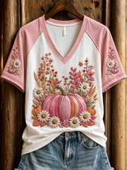 Women's autumn pumpkin and floral pattern printed casual short-sleeved T-shirt