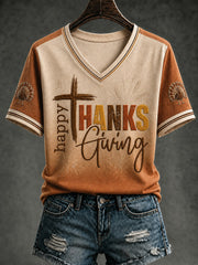 Women's Happy Thanksgiving Printed V-neck T-shirt