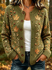 Women's Vintage Fall Leaves Print Cozy Cardigan