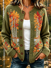 Women's Vintage Fall Trees Print Cozy Cardigan