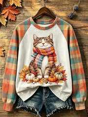 Women's Autumn Cat Printed Sweatshirt