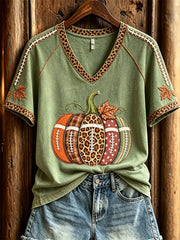 Women's Vintage Football Inspired Fall Pumpkins Print short-sleeved T-shirt