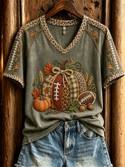 Women's Vintage Football Inspired Fall Pumpkins Print short-sleeved T-shirt
