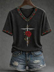 Women's Cross and Rose Print Casual T-Shirt