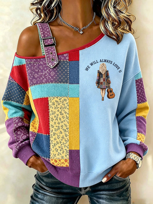 Women's Country Music Lover We Will Always Love U 925 Printed Casual Off-Shoulder Sweatshirt