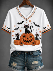 Women's Halloween Pumpkin Printed V-neck T-shirt