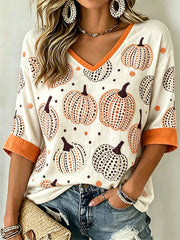 Women's Polka Dot Pumpkin Pattern Casual Mid-length Sleeves V-Neck T-Shirt