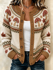 Women's Autumn Mushroom And Maple Leaf Pattern Casual Cardigan-Style Knit Jacket