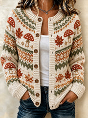 Women's Autumn Mushroom And Maple Leaf Pattern Casual Cardigan-Style Knit Jacket