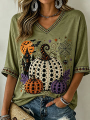 Women's Polka Dot Fall Pumpkin Print Mid-length Sleeves V-Neck T-Shirt