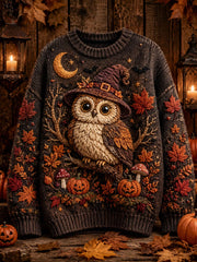 Women's Halloween Owl Art Pumpkin Maple Leaf Print Sweater