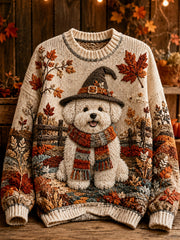 Women's Fall Halloween Witch Dog Maple Leaf Print Sweater