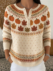Women's Autumn Pumpkin And Maple Leaf Pattern Casual Long-Sleeve Cardigan