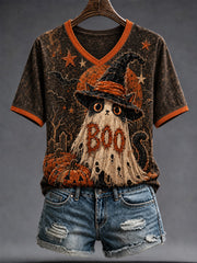 Women's Halloween Witch Creepy Cat Short Sleeve T-shirt