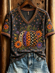 Women's Colorful Pumpkin Floral Polka Dots Art Print short-sleeved T-shirt