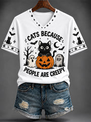Women's “CATS BECAUSE PEOPLE ARE CREEPY” Printed V-neck T-shirt