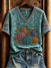 Women's Halloween Pumpkins Floral Polka Dots Art Print short-sleeved T-shirt