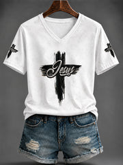 Women's “JESUS” Printed V-neck T-shirt