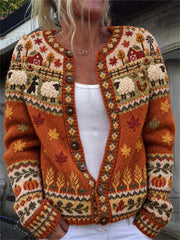 Women's Fall Farm Animals Harvest Season Isle Print Cardigan-Style Knit Jacket