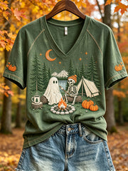 Women's Halloween Fall Camping Ghost & Skeleton Print short-sleeved T-shirt