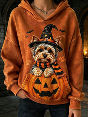 Women's Fall Halloween Peeking Yorkie Dog Witch & Pumpkin Print Cozy Hoodie