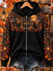 Women's Halloween Witch Cat Zip-Up Hoodie