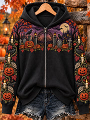 Women's Halloween Witch Cat Zip-Up Hoodie