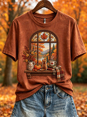 Women's Fall Landscape Window & Cozy Cat Print short-sleeved T-shirt