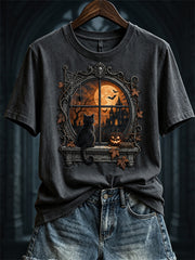 Women's Halloween Scene Gothic Window & Black Cat Print short-sleeved T-shirt