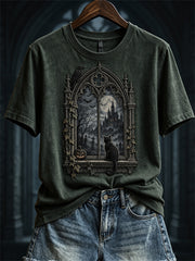 Women's Halloween Scene Gothic Window & Black Cat Print short-sleeved T-shirt