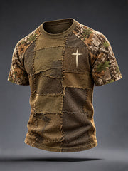 Men's Christian Cross Pattern Patchwork Art T-Shirt