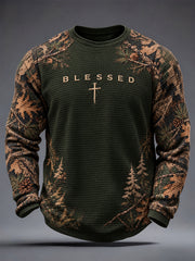 Men's Retro Christian Blessed Cross Print Casual Waffle Long Sleeve T-Shirt