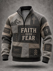 Men's Walk By Faith Christian Cross Faith Patchwork Print Casual Zipper Pullover