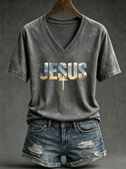 Women's Faith-Themed Color-Blocked Design Casual Short-Sleeved T-shirt