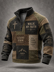 Men's Walk By Faith Christian Cross Faith Patchwork Print Casual Zipper Pullover