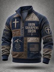 Men's Iron Sharpens Iron Christian Cross Faith Patchwork Print Casual Zipper Pullover
