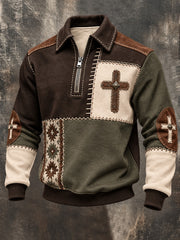 Men's Retro Color Block Patchwork Faith Cross Print Zipper Sweatshirt
