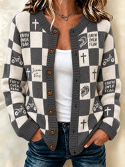 Women's Faith-Themed Color-Blocked Design Casual Cardigan-Style Knit Jacket