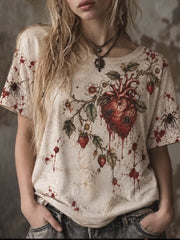 Women's Gothic Halloween Strawberry Heart Pattern Casual Short Sleeve T-shirt