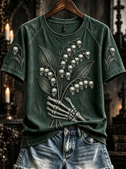 Women's Vintage Gothic Skull Lily of the Valley Print Round Neck Short Sleeve T-shirt