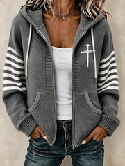 Women's Christian Art Cross Pattern Cozy Knit Hooded Cardigan