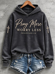 Women's Vintage Pray More Worry Less Cross Print Cozy Hoodie